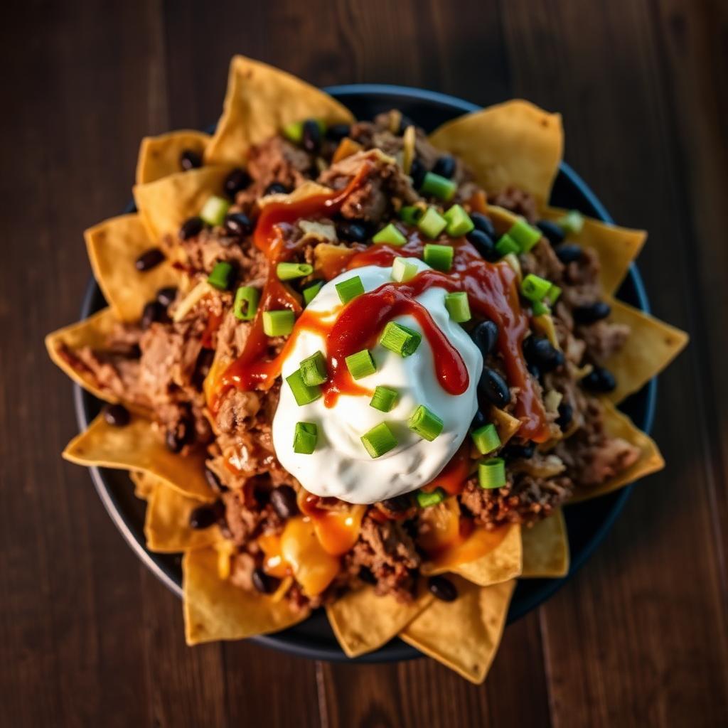 Loaded BBQ nachos piled with pulled pork, brisket, cheese, beans, sour cream, and hot sauce