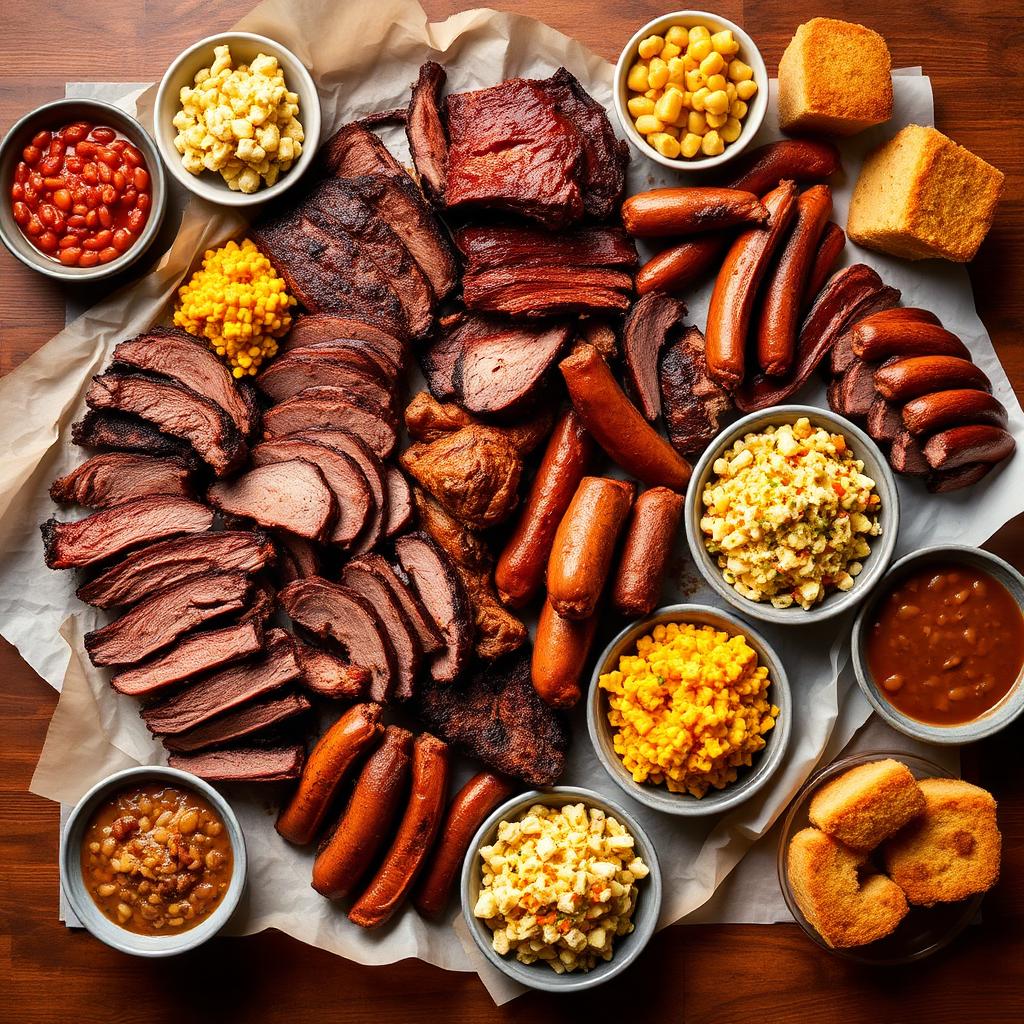 Overhead BBQ family platter with brisket, ribs, pulled pork, hot links, and sides