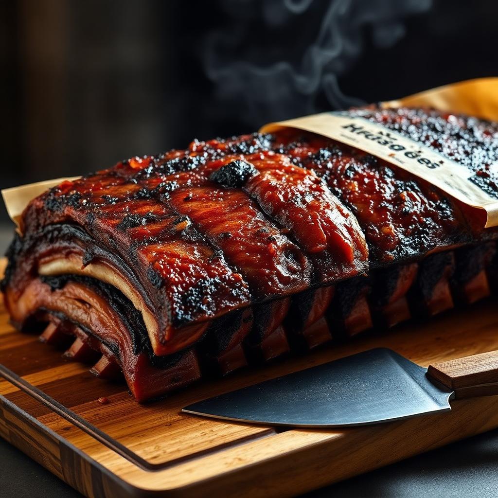 Full rack of smoked ribs wrapped in butcher paper on a wooden cutting board
